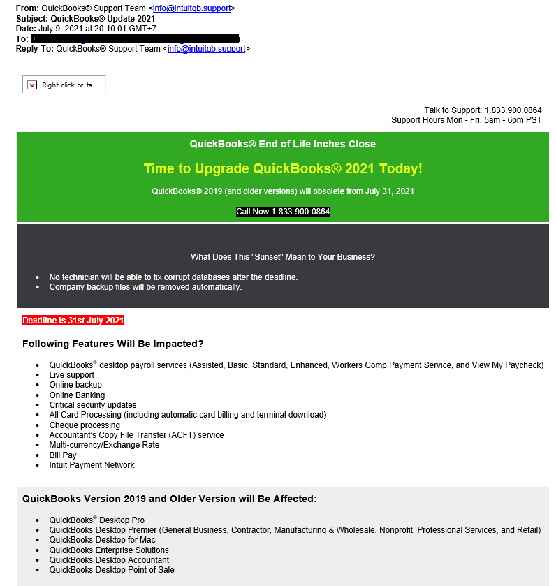 PHISHING EMAIL: QuickBooks® Update 2021